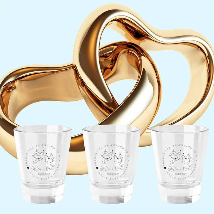 Personalized love dove doodle shot glass – handdrawn hearts & calligraphy wedding event gift 1.5oz clear