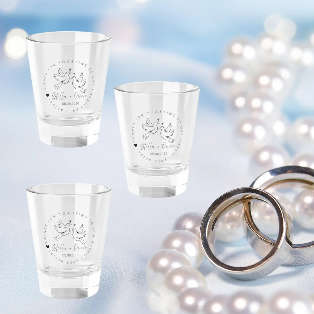 Personalized love dove doodle shot glass – handdrawn hearts & calligraphy wedding event gift 1.5oz clear