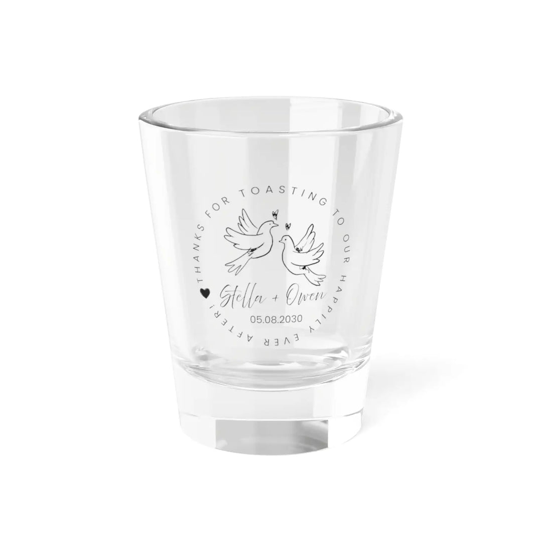 Personalized love dove doodle shot glass – handdrawn hearts & calligraphy wedding event gift 1.5oz clear
