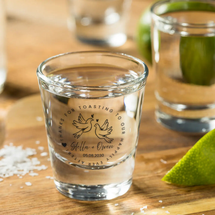 Personalized love dove doodle shot glass – handdrawn hearts & calligraphy wedding event gift 1.5oz clear