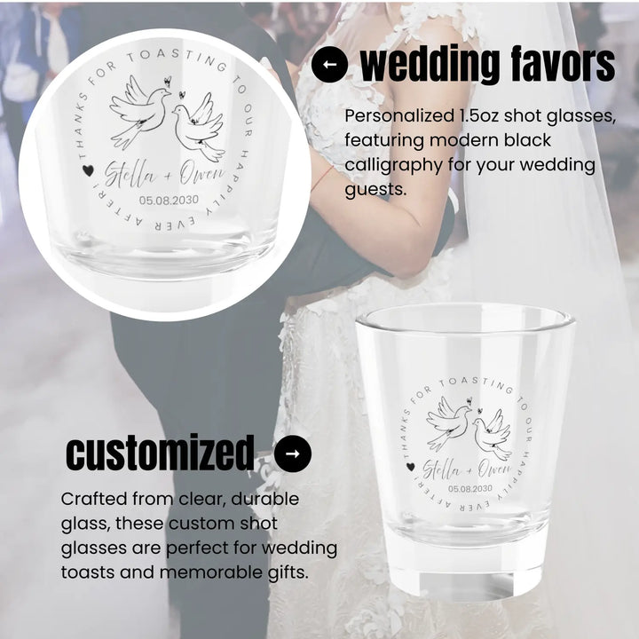Personalized love dove doodle shot glass – handdrawn hearts & calligraphy wedding event gift 1.5oz clear