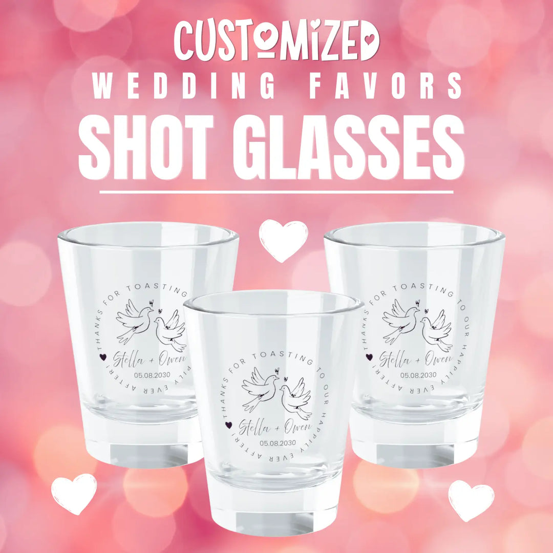 Personalized love dove doodle shot glass – handdrawn hearts & calligraphy wedding event gift 1.5oz clear
