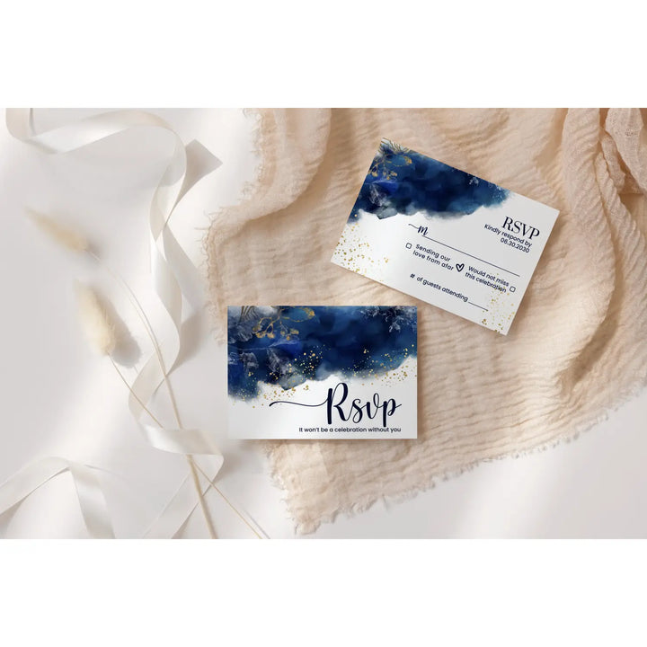 Personalized rsvp cards with envelopes custom printed - elegant blue watercolor & gold - invitations