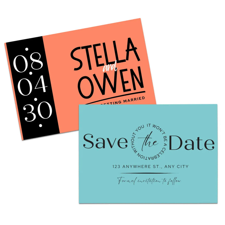 Custom Aqua and Orange Save the Date Cards - Personalized 4x6 Inch Invitations with Elegant Typography and White Envelopes - Perfect for Weddings, Birthdays, and Showers