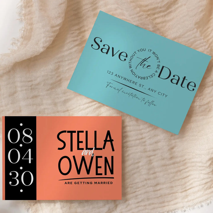 Custom Aqua and Orange Save the Date Cards - Personalized 4x6 Inch Invitations with Elegant Typography and White Envelopes - Perfect for Weddings, Birthdays, and Showers