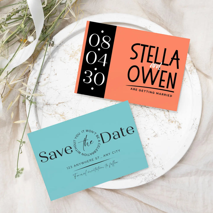 Custom Aqua and Orange Save the Date Cards - Personalized 4x6 Inch Invitations with Elegant Typography and White Envelopes - Perfect for Weddings, Birthdays, and Showers