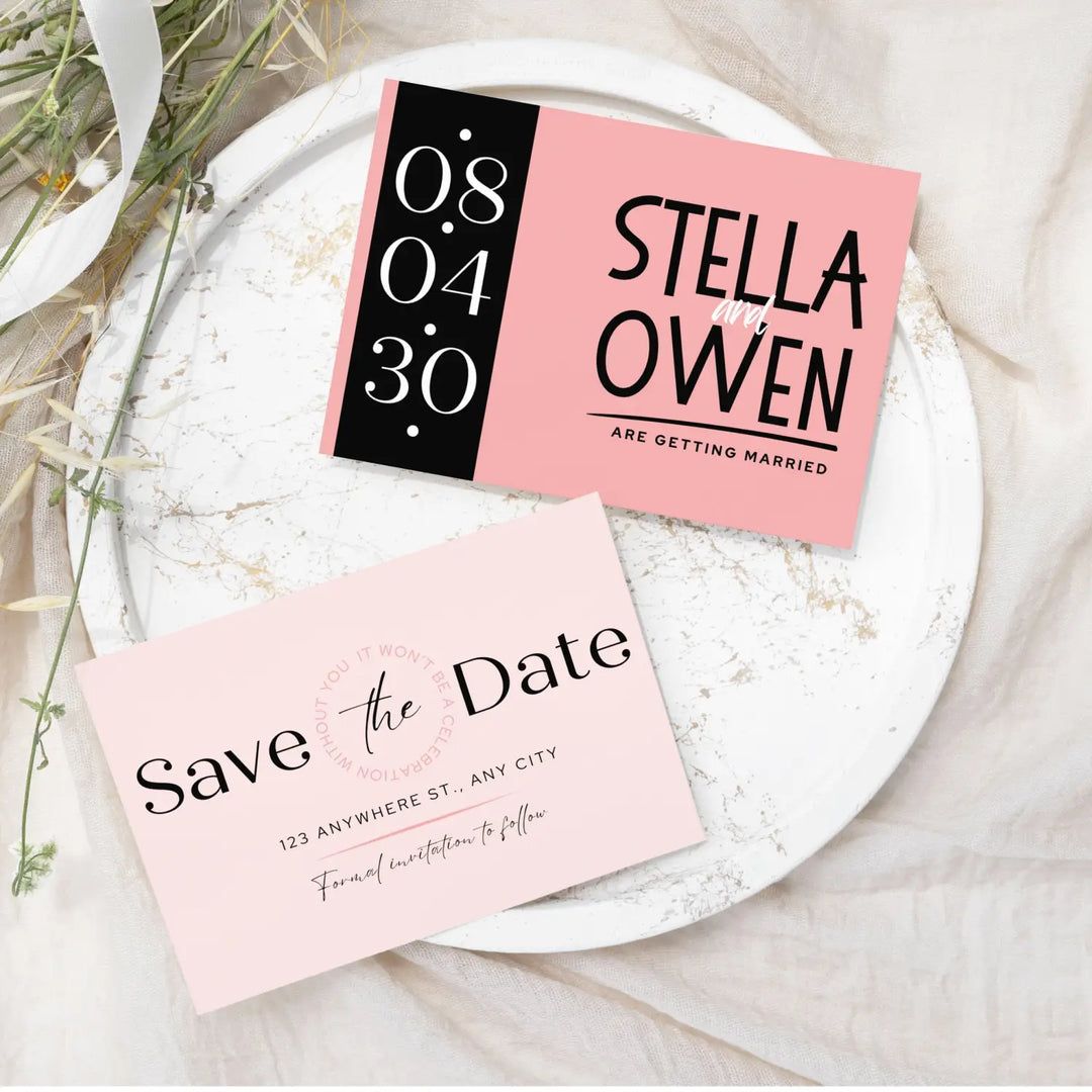 Custom Pink and White Save the Date Cards - Personalized 4x6 Inch Invitations with Elegant Typography and White Envelopes - Perfect for Weddings, Birthdays, and Showers