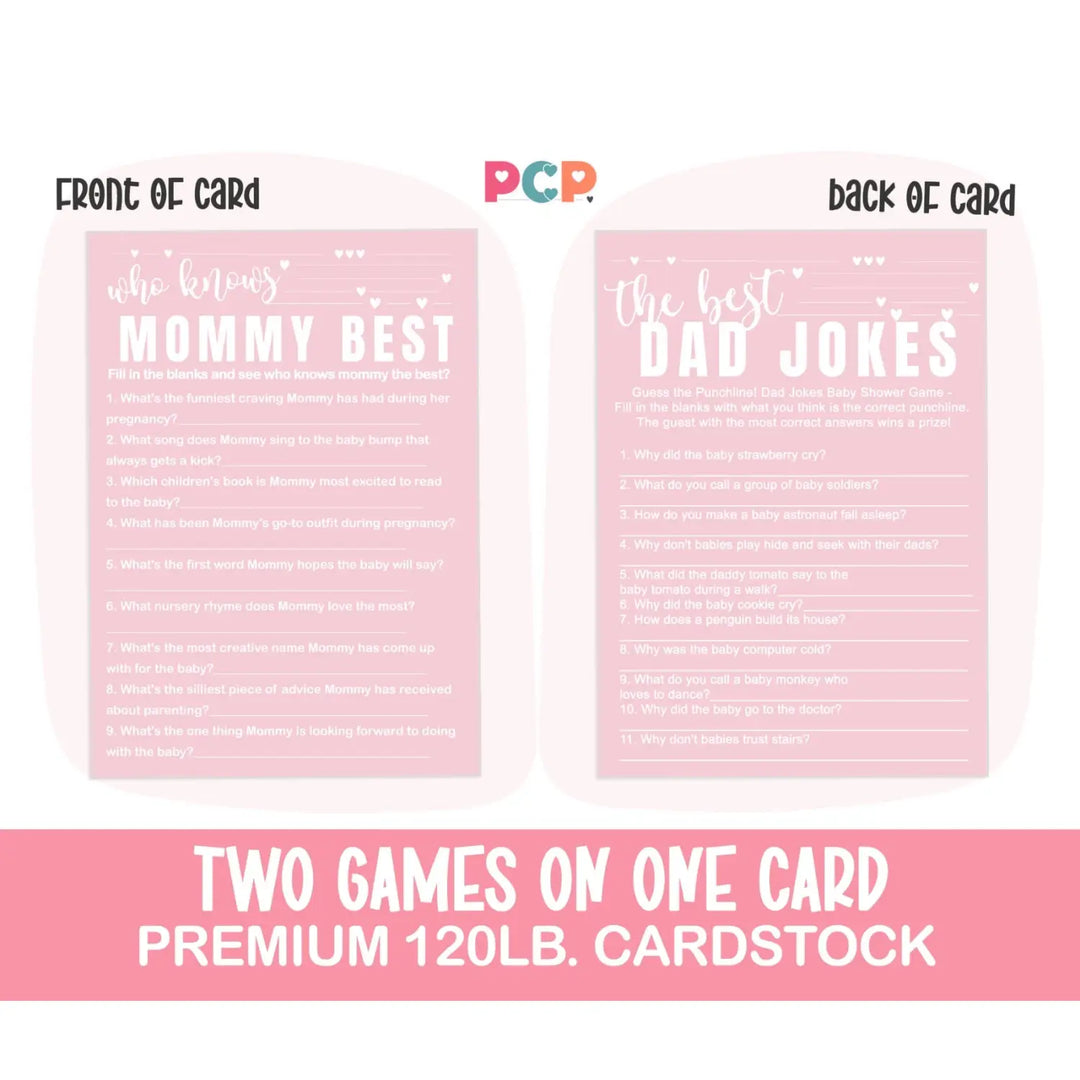 Pink Baby Shower Game Set - Who Knows Mommy Best & Dad Jokes, Modern Minimalist, 25 Pack - Paper Clever Party