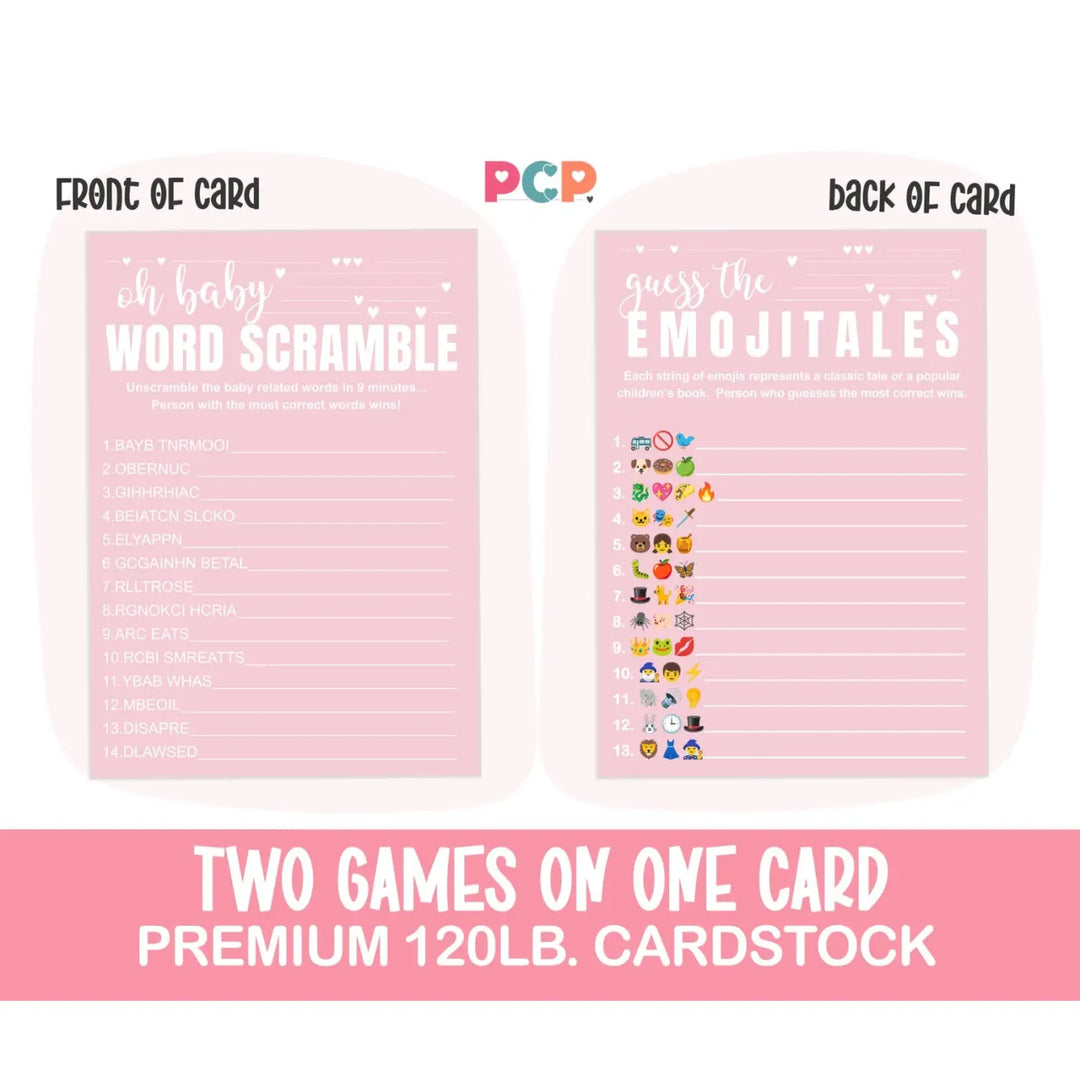 Pink Baby Shower Game Set - Word Scramble and Guess the Storybook Pictograms, 5x7 Double-Sided Cards, 25 Pack with Answer Key - Paper Clever Party