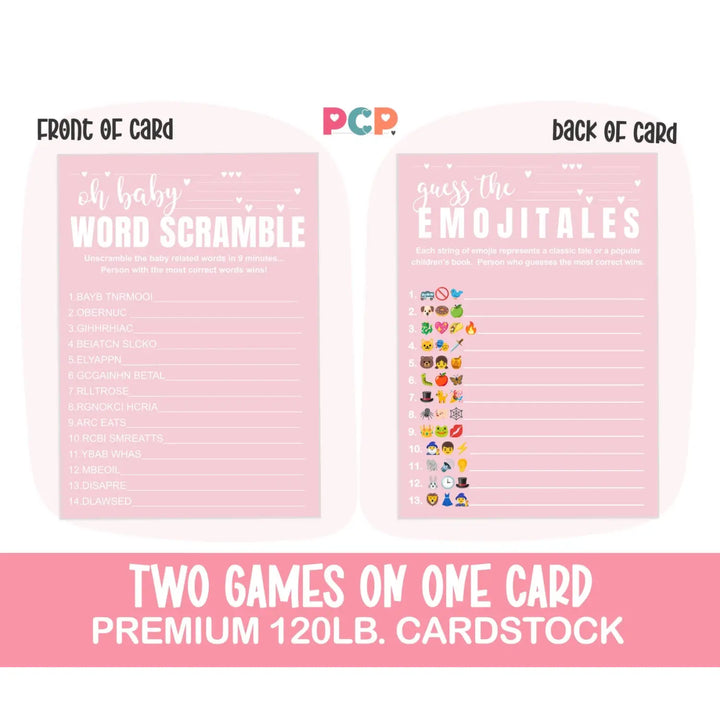 Pink Baby Shower Game Set - Word Scramble and Guess the Storybook Pictograms, 5x7 Double-Sided Cards, 25 Pack with Answer Key - Paper Clever Party