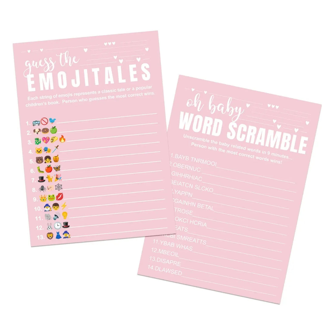 Pink Baby Shower Game Set - Word Scramble and Guess the Storybook Pictograms, 5x7 Double-Sided Cards, 25 Pack with Answer Key - Paper Clever Party