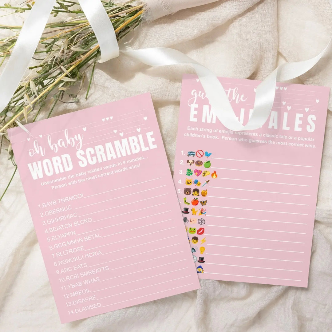 Pink Baby Shower Game Set - Word Scramble and Guess the Storybook Pictograms, 5x7 Double-Sided Cards, 25 Pack with Answer Key - Paper Clever Party