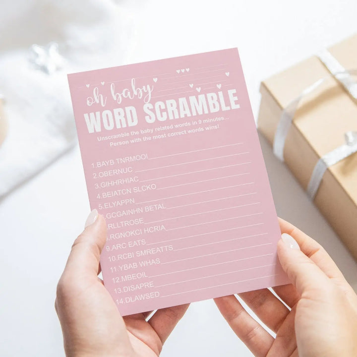 Pink Baby Shower Game Set - Word Scramble and Guess the Storybook Pictograms, 5x7 Double-Sided Cards, 25 Pack with Answer Key - Paper Clever Party