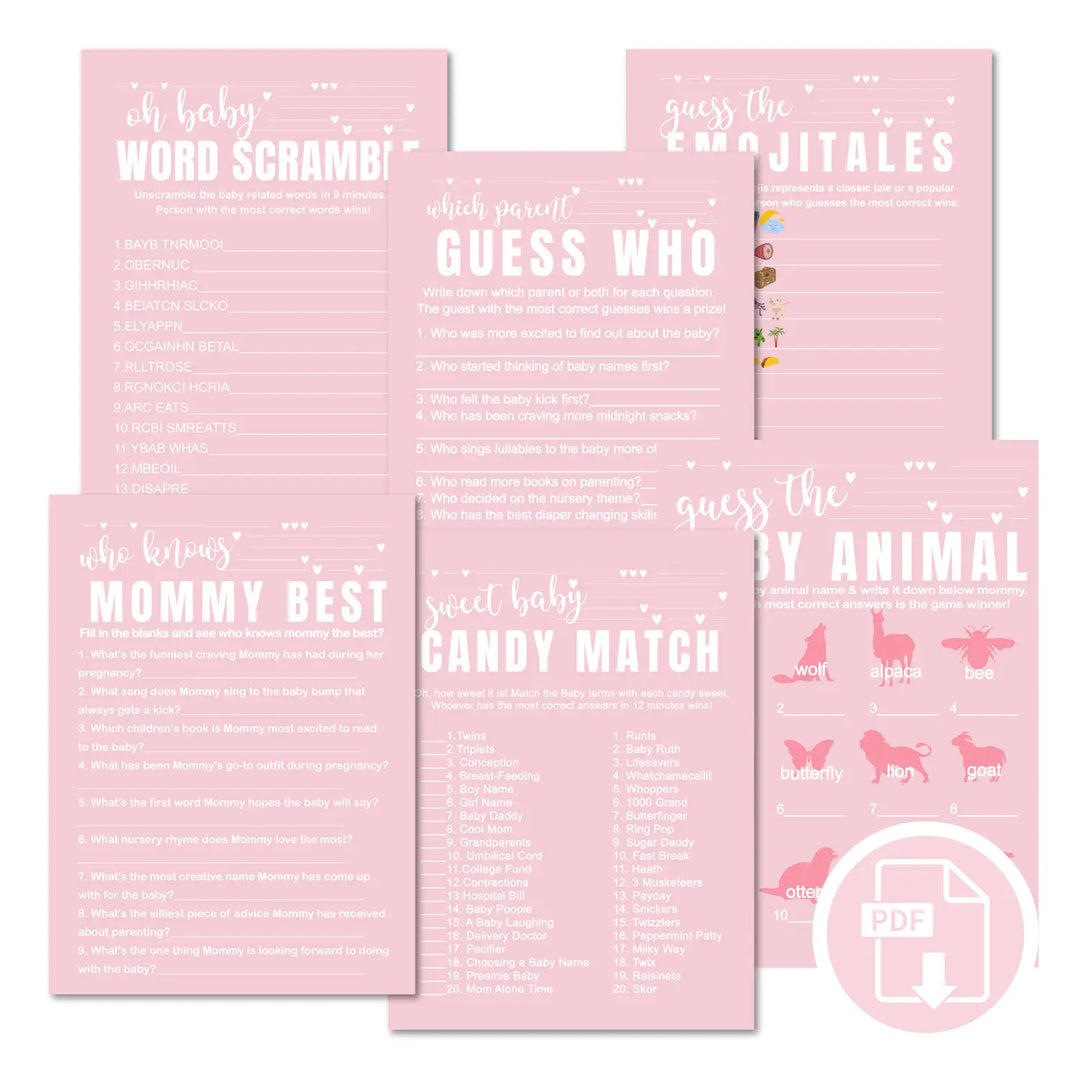 Pink baby shower games bundle – instant download printable activities couples fun digital game diy party pack modern