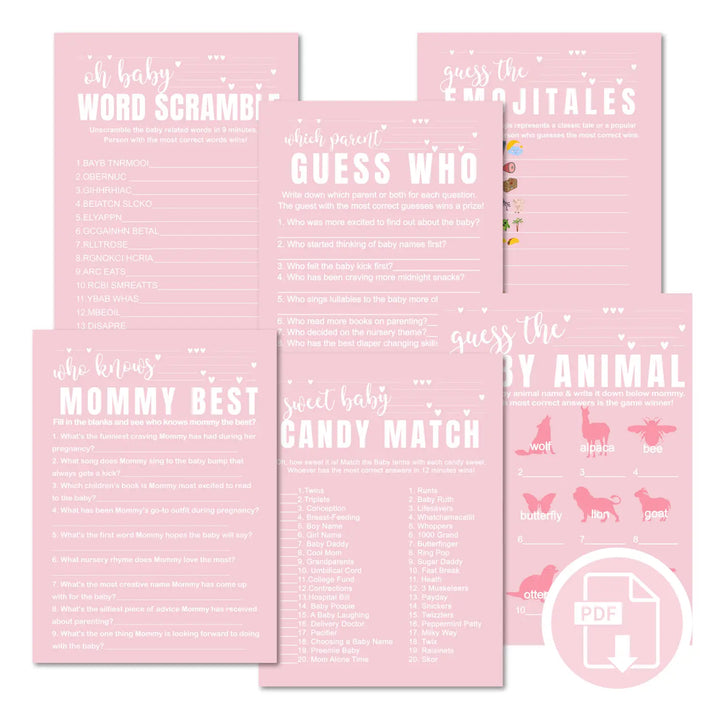 Pink baby shower games bundle – instant download printable activities couples fun digital game diy party pack modern