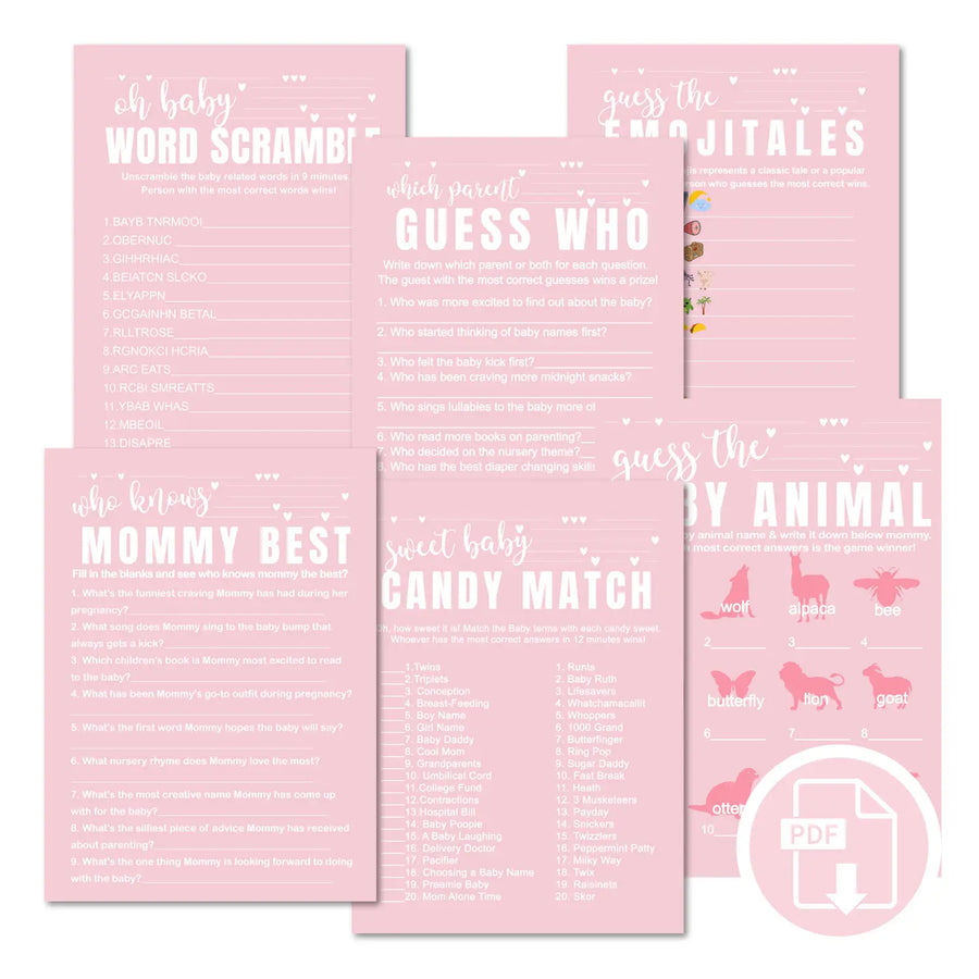 Pink baby shower games bundle – instant download printable activities couples fun digital game diy party pack modern