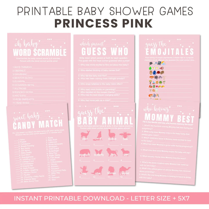 Pink baby shower games bundle – instant download printable activities couples fun digital game diy party pack modern