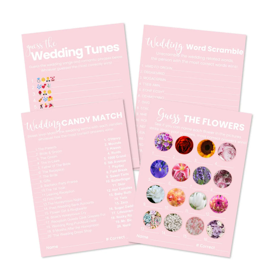 Pink bliss bridal shower game bundle - instant download of 4 fun wedding games with answer keys - party