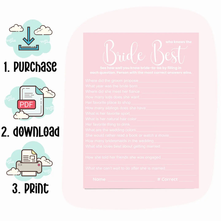 Pink bliss bridal shower game bundle - instant download of 4 fun wedding games - party
