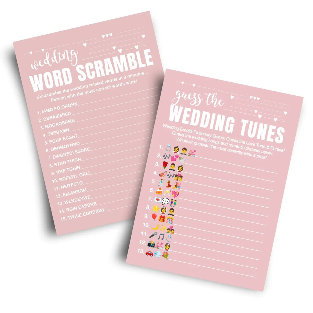 Pink bridal shower games (25 each) wedding song pictionary and word scramble fun guess activity for guests engagement