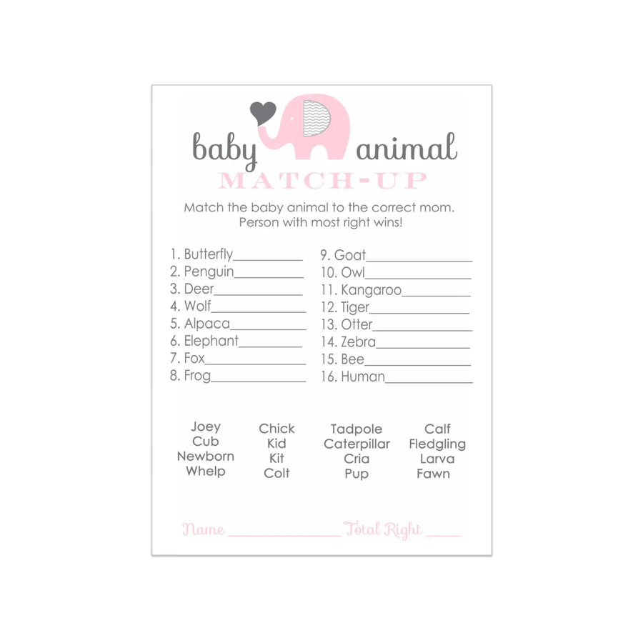 Pink Elephant Baby Animal Matching Game Cards (25 Pack) - Paper Clever Party