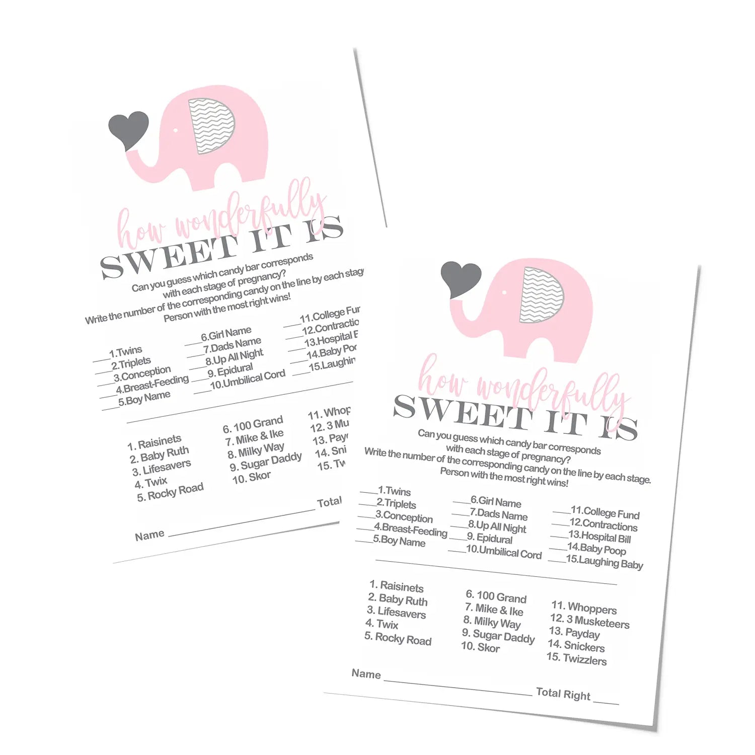 Pink elephant baby shower candy match game - 25 cards for girl’s sprinkle - princess jungle theme - party games