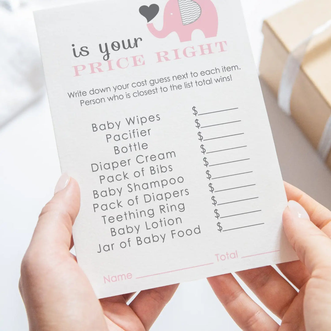 Pink Elephant Baby Shower Guess the Price Game, 25 Pack - Paper Clever Party