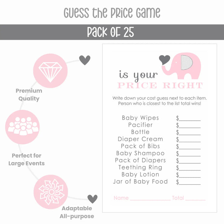 Pink Elephant Baby Shower Guess the Price Game, 25 Pack - Paper Clever Party