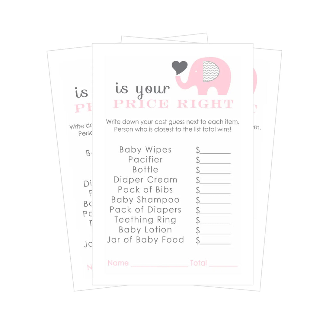 Pink Elephant Baby Shower Guess the Price Game, 25 Pack - Paper Clever Party