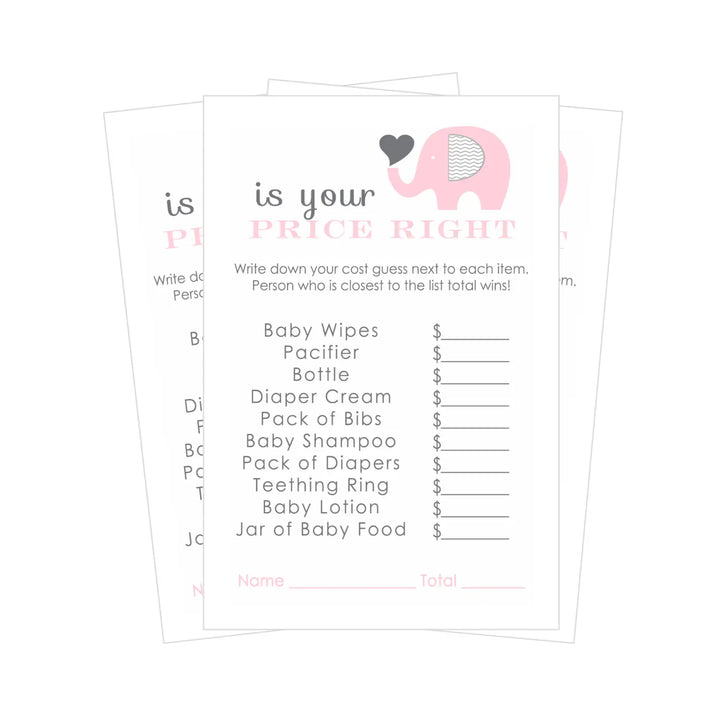 Pink Elephant Baby Shower Guess the Price Game, 25 Pack - Paper Clever Party