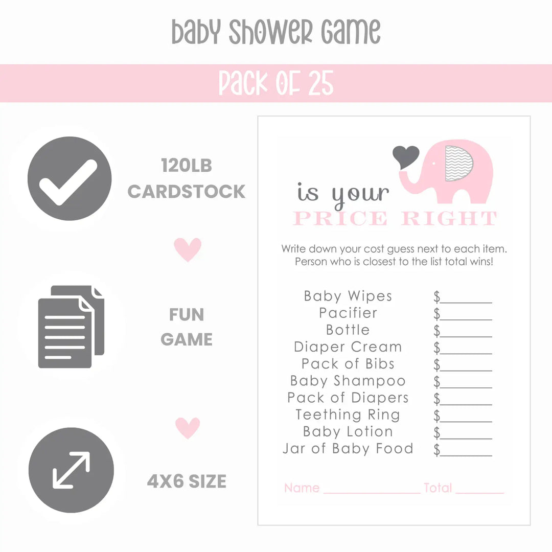 Pink Elephant Baby Shower Guess the Price Game, 25 Pack - Paper Clever Party