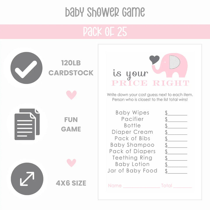 Pink Elephant Baby Shower Guess the Price Game, 25 Pack - Paper Clever Party