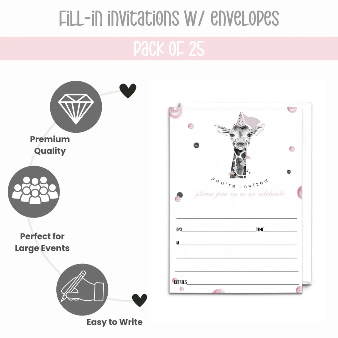 Pink Giraffe Birthday Invitations with Envelopes, 25 Pack, 5x7 Blank Party Invites for Girls - Paper Clever Party