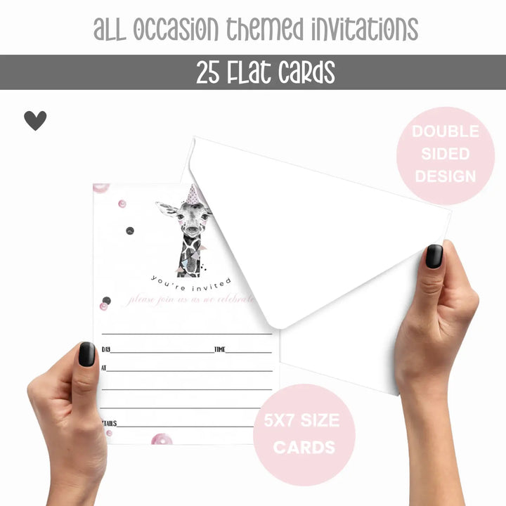 Pink Giraffe Birthday Invitations with Envelopes, 25 Pack, 5x7 Blank Party Invites for Girls - Paper Clever Party