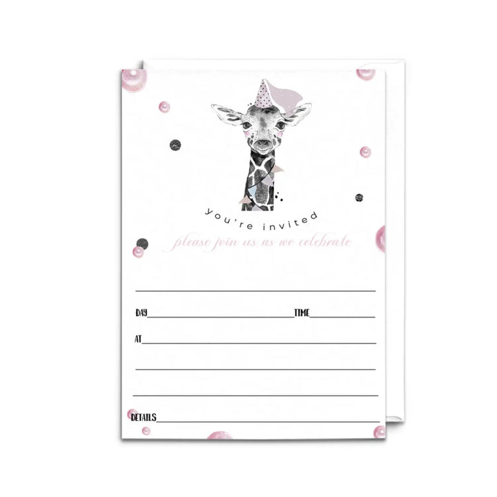 Pink Giraffe Birthday Invitations with Envelopes, 25 Pack, 5x7 Blank Party Invites for Girls - Paper Clever Party