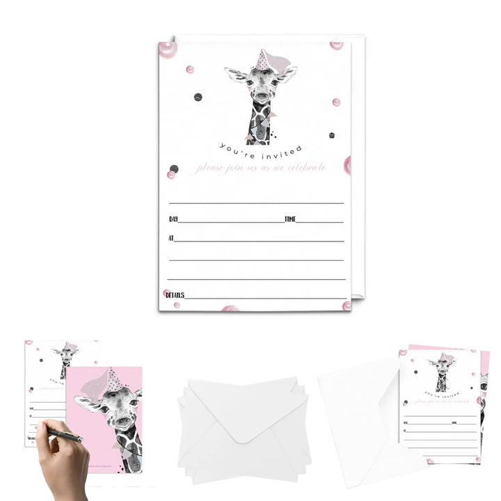 Pink Giraffe Birthday Invitations with Envelopes, 25 Pack, 5x7 Blank Party Invites for Girls - Paper Clever Party