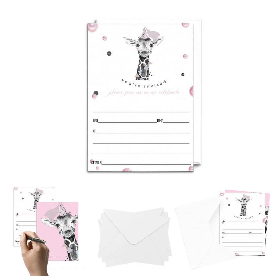 Pink Giraffe Birthday Invitations with Envelopes, 25 Pack, 5x7 Blank Party Invites for Girls - Paper Clever Party