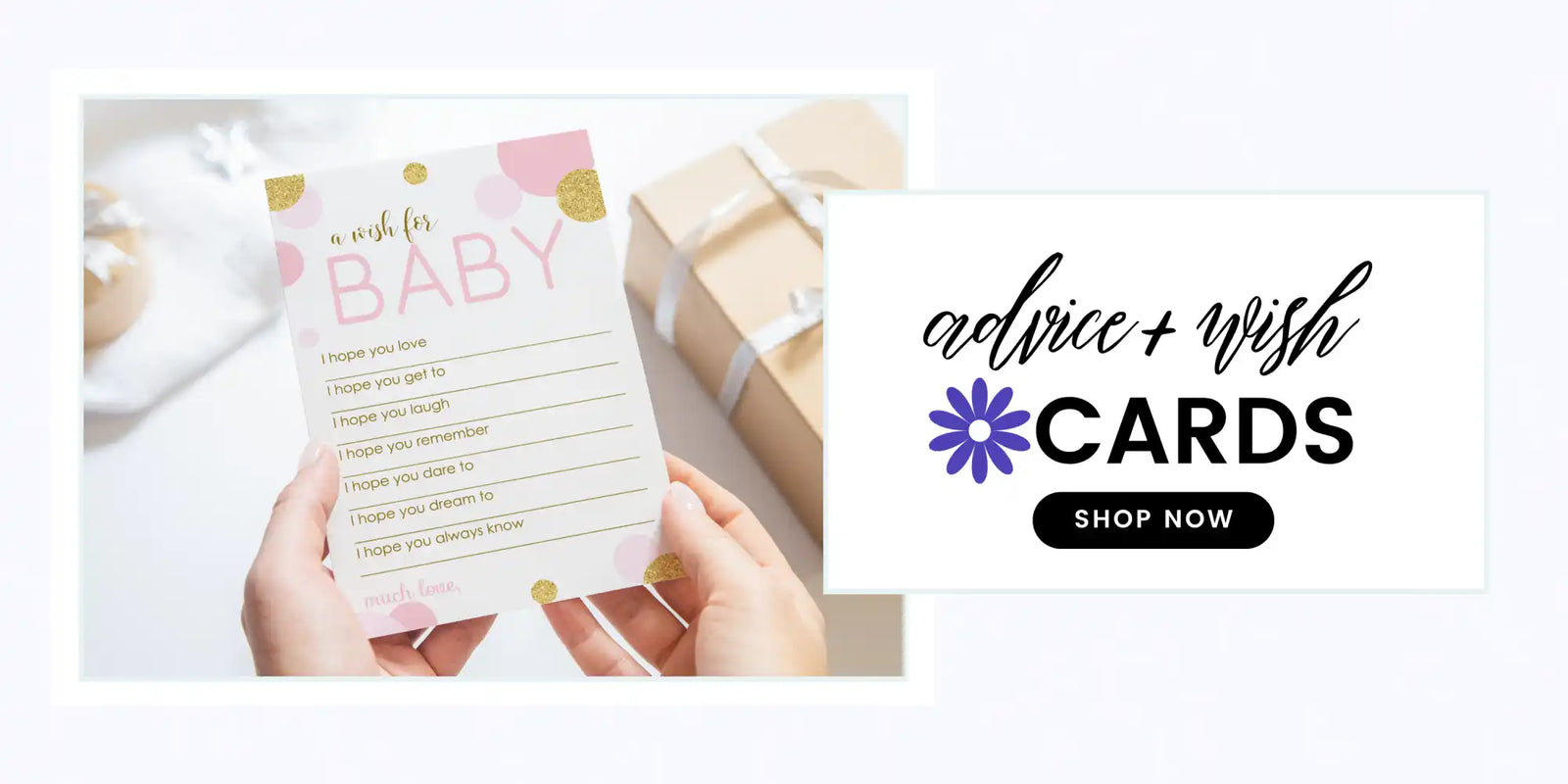 Pink and gold ’A Wish for Baby’ advice cards.