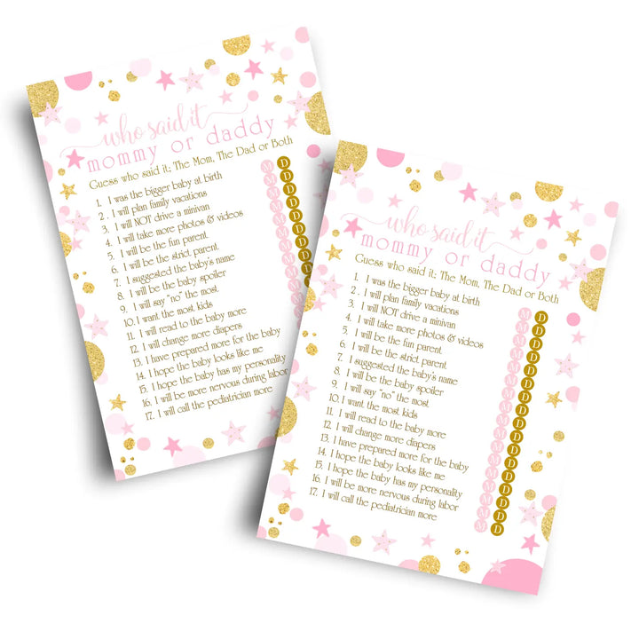 Pink and gold baby shower game mommy or daddy - 25 pack guess who activity cards twinkle little star princess themed