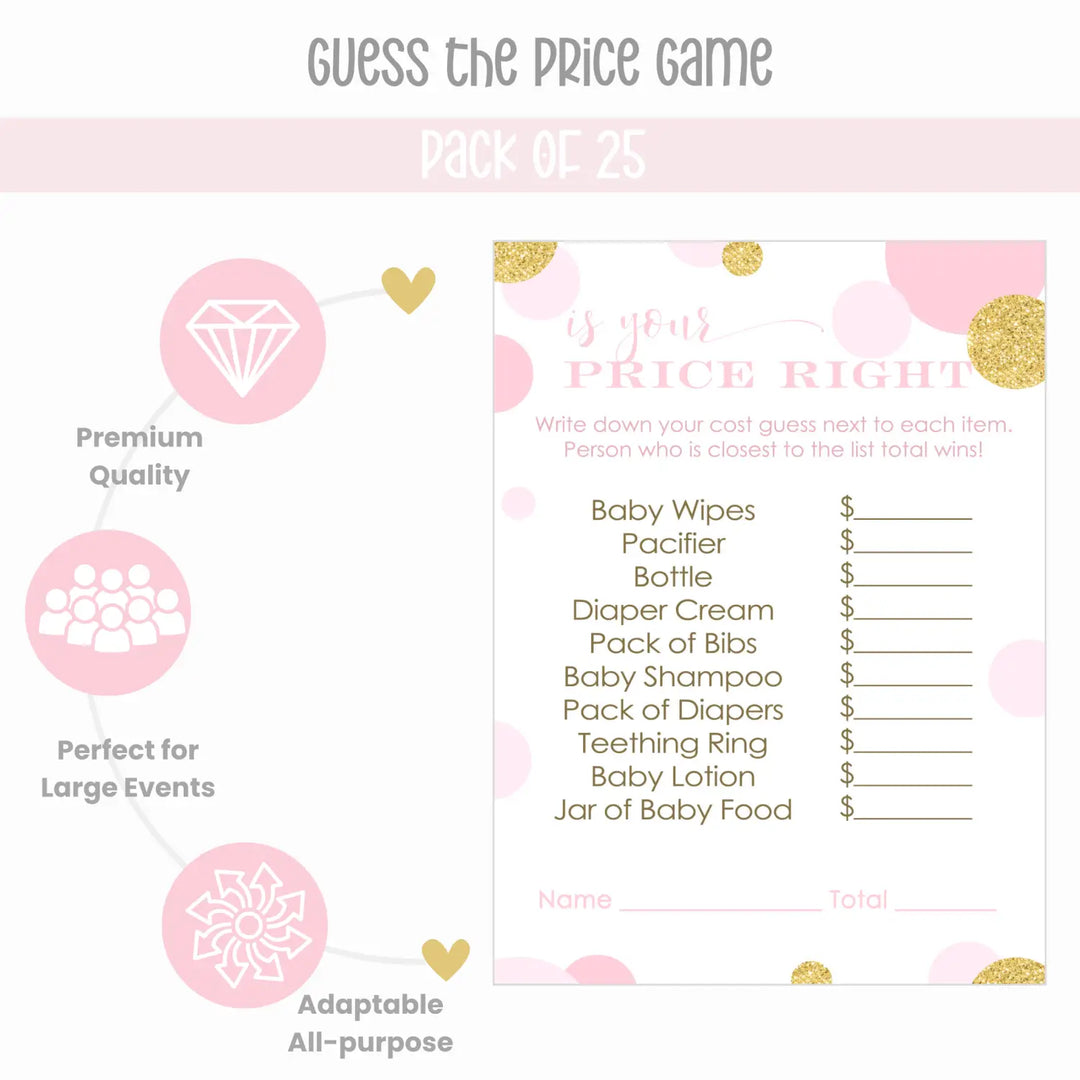 Pink and Gold Baby Shower Guess the Price Game Pack, Twinkle Little Star Theme, 25 Activity Cards - Paper Clever Party