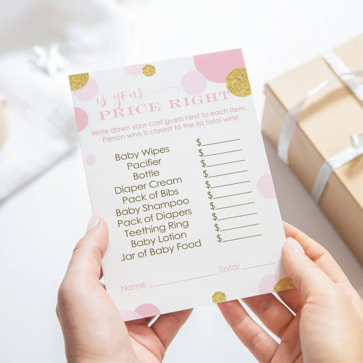 Pink and Gold Baby Shower Guess the Price Game Pack, Twinkle Little Star Theme, 25 Activity Cards - Paper Clever Party