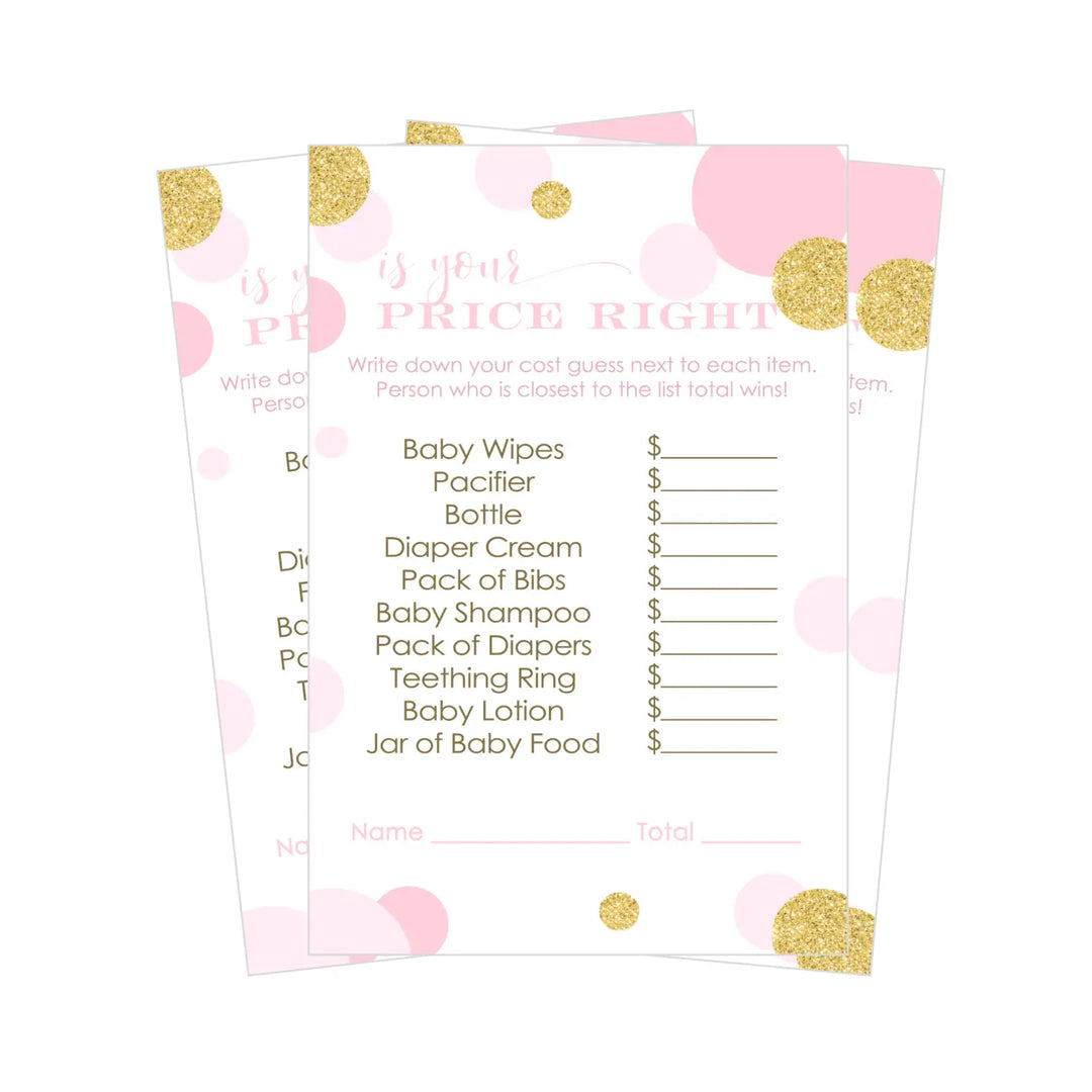 Pink and Gold Baby Shower Guess the Price Game Pack, Twinkle Little Star Theme, 25 Activity Cards - Paper Clever Party