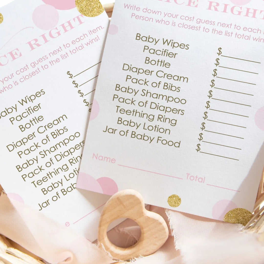 Pink and Gold Baby Shower Guess the Price Game Pack, Twinkle Little Star Theme, 25 Activity Cards - Paper Clever Party