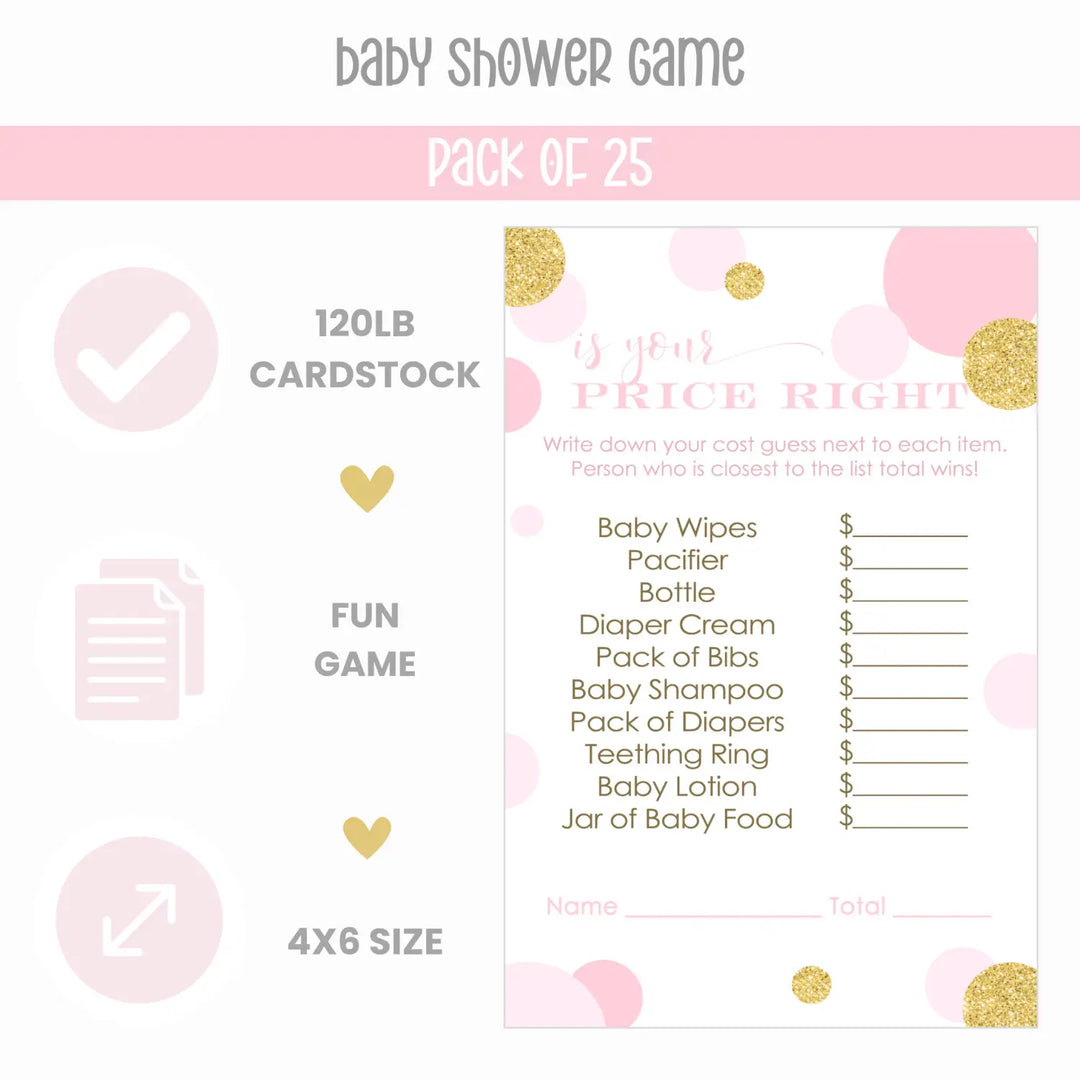 Pink and Gold Baby Shower Guess the Price Game Pack, Twinkle Little Star Theme, 25 Activity Cards - Paper Clever Party