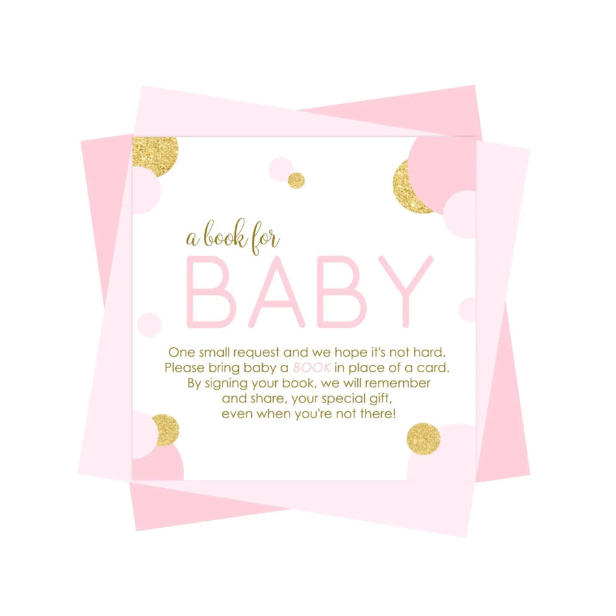 Pink and Gold Books for Baby Shower Request Cards - Paper Clever Party