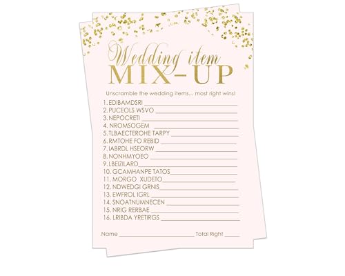 Unscramble Wedding Activities Word Scramble Pink and Gold Bridal Shower Game - Couples, Coed, Engagement, 4x6 Cards for 25 Guests - Paper Clever Party