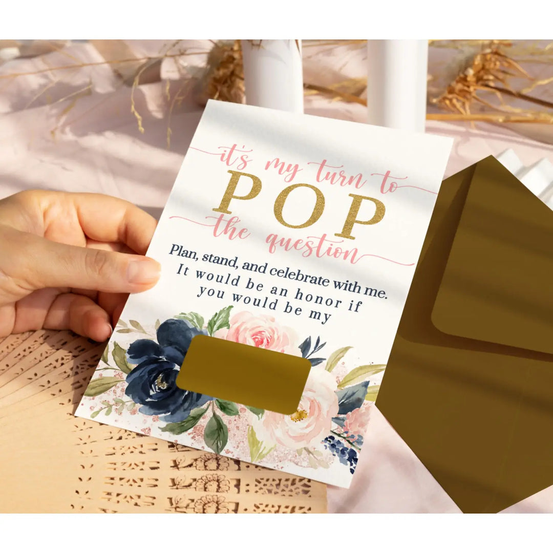 Pink and Gold Floral ‘Pop the Question’ Bridesmaid Cards (12-Pack) - Paper Clever Party