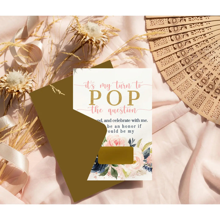 Pink and Gold Floral ‘Pop the Question’ Bridesmaid Cards (12-Pack) - Paper Clever Party