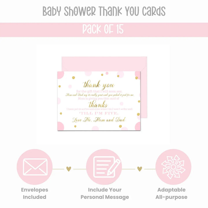 Pink and Gold Girls Baby Shower Thank You Cards - 15 Pack Luxurious Notecards, 4x6 - Paper Clever Party