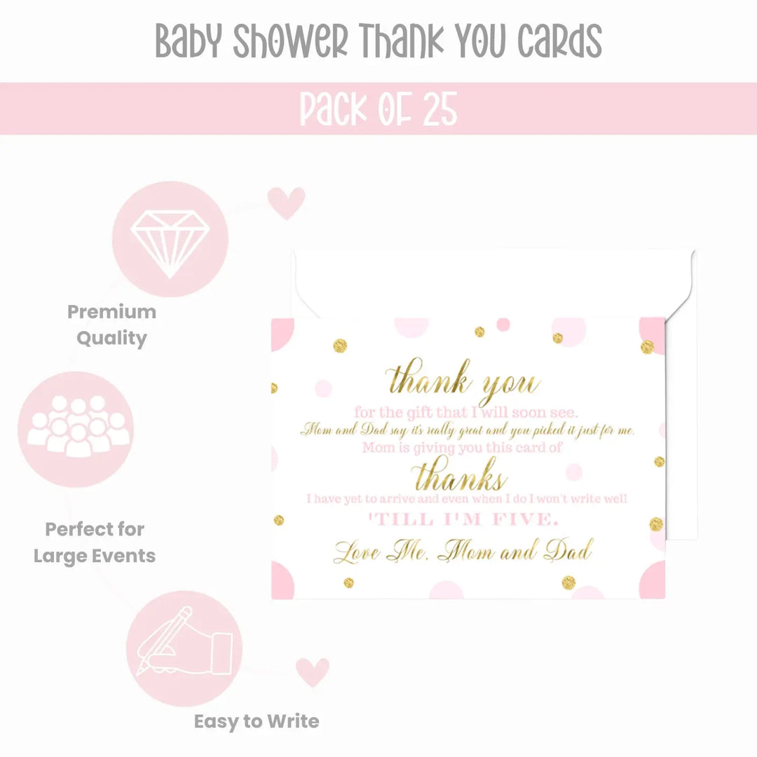 Pink and Gold Thank You Cards for Baby Girl Shower – Personalized Notecards (Pack of 25) - Paper Clever Party